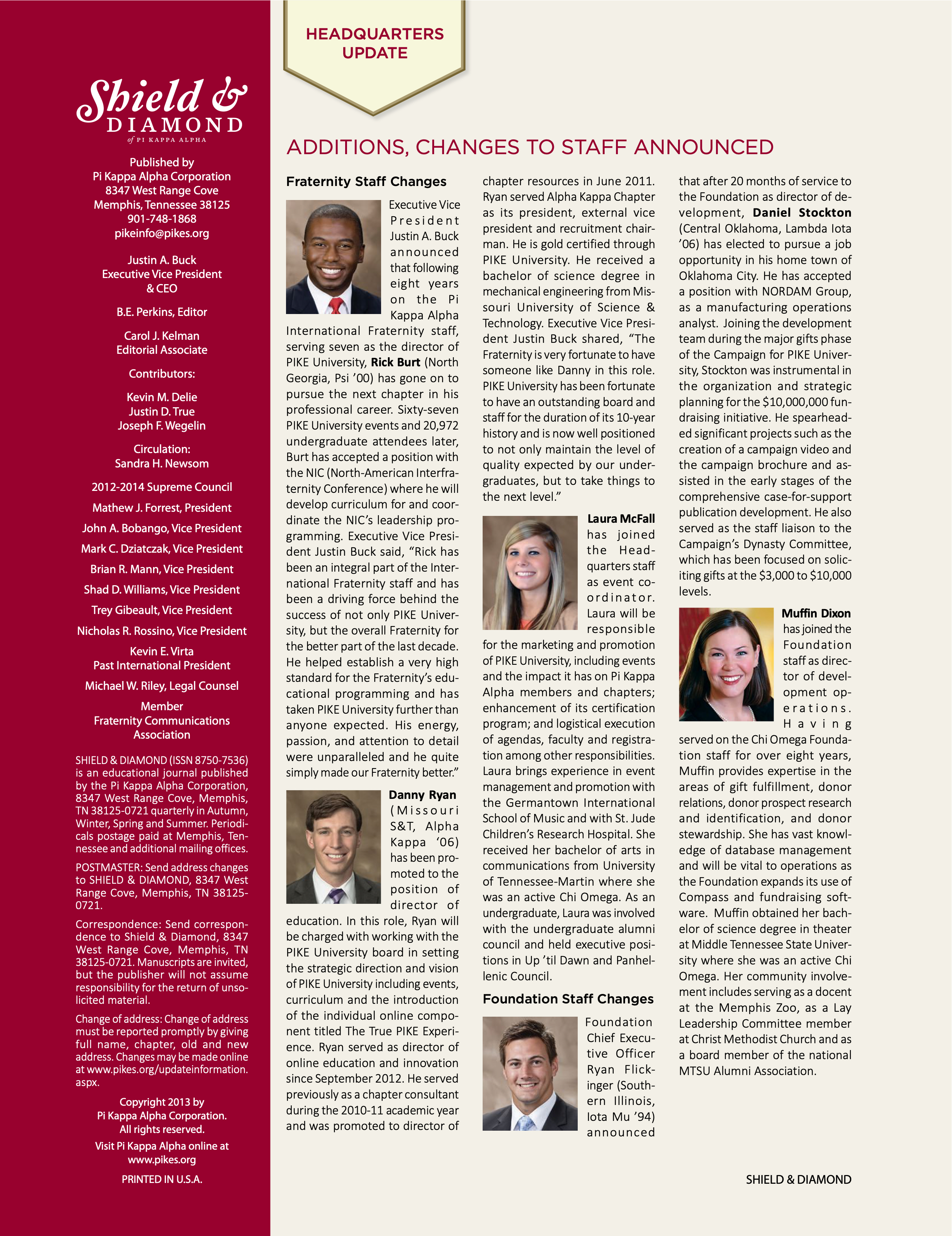 Headquarters Update: Additions, Changes To Staff Announced, Winter 2013